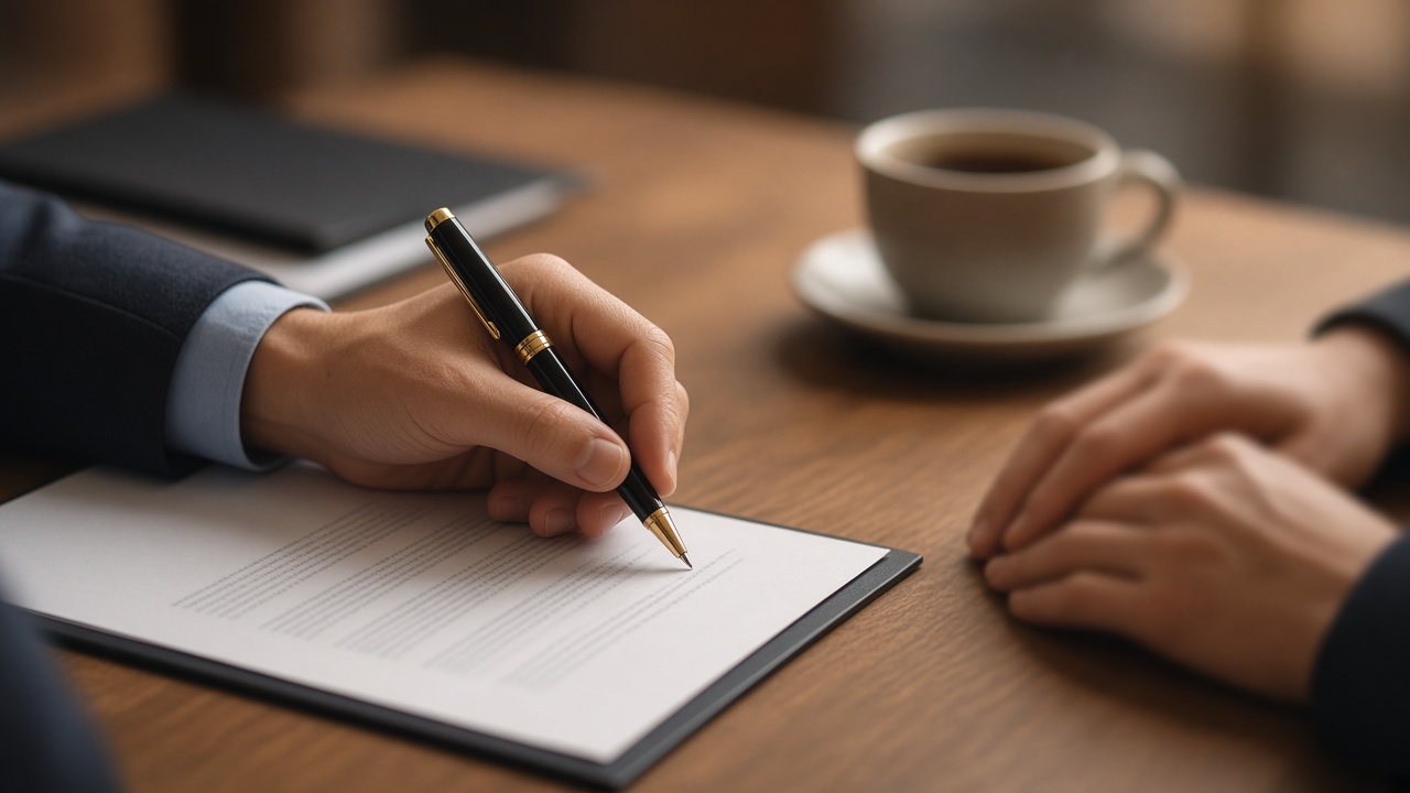 Imagen ilustrativa: persona firmando un documento con pluma junto a una taza de café