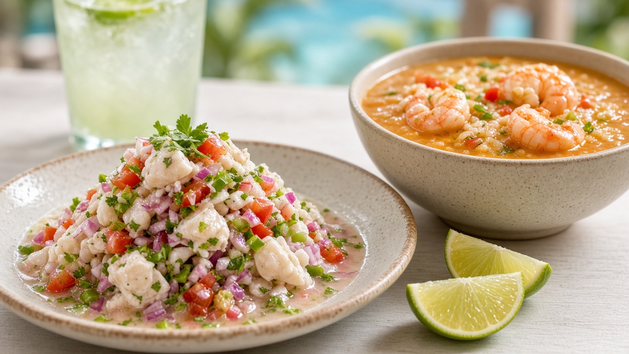 Imagen ilustrativa: ensalada de mariscos con limón y una sopa de camarones junto a una bebida fría