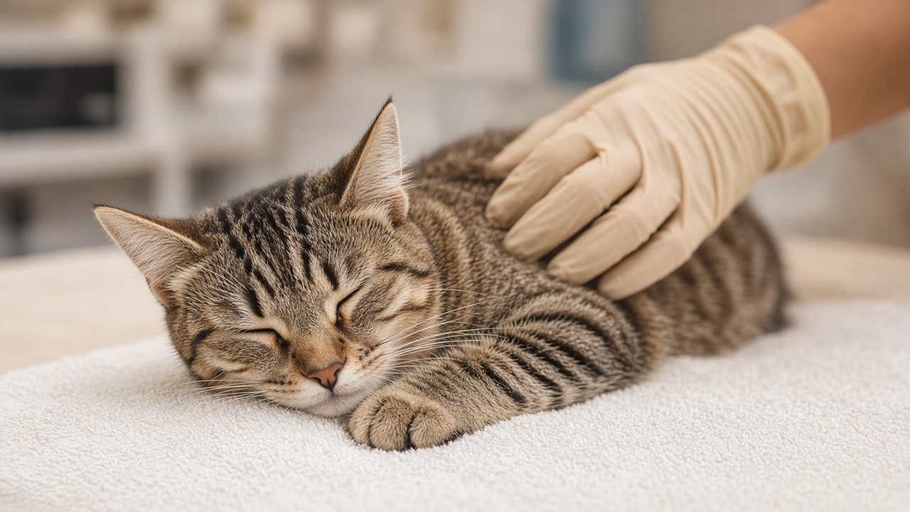 Imagen ilustrativa: gato atigrado relajado mientras una mano con guante lo acaricia